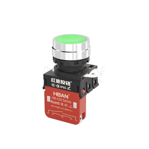 Ip65 22mm Green Flat Head 20a 1NO 1NC Metal Push Button Switch Self Recovery