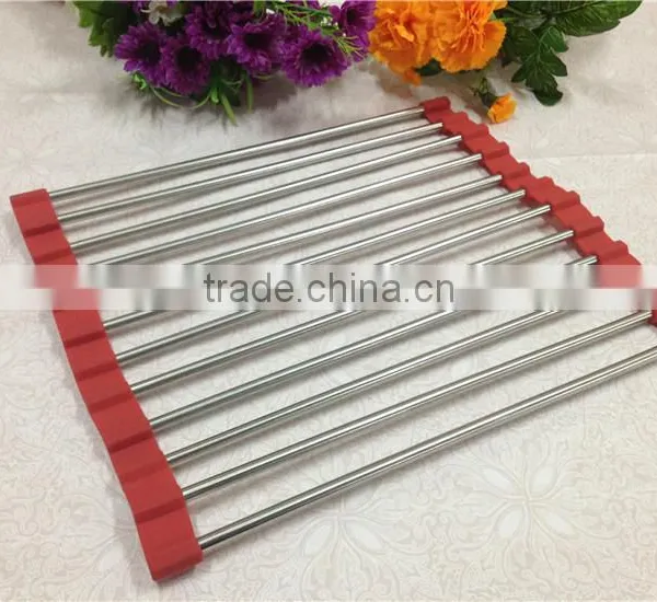 High Quality Custom Roll up Silicone Handy Stainless Steel Dish Rack