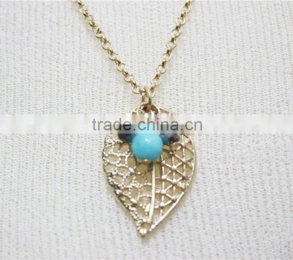 Gold Leaf w/ Pink Turquoise Pendant Necklace Goldtone Triple Necklace Satellite Chain Necklace 2016 Fashion Style Wholesale photo-3