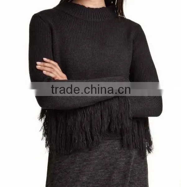 Ladies' Turtleneck Long Sleeve Pullover Knitted Sweater With Sewn Fringe Popular Products in Malaysia