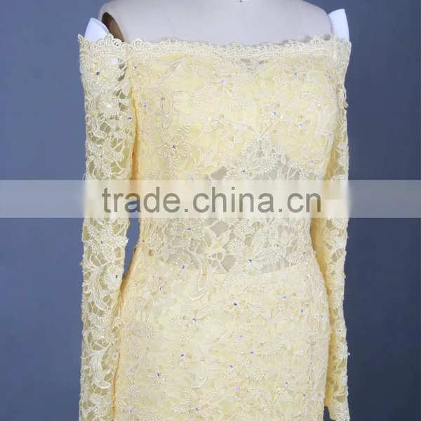 RSE682 Off The Shoulder Yellow Sexy See-Through Patterns Of Lace Long Sleeve Mermaid Evening Dress photo-4