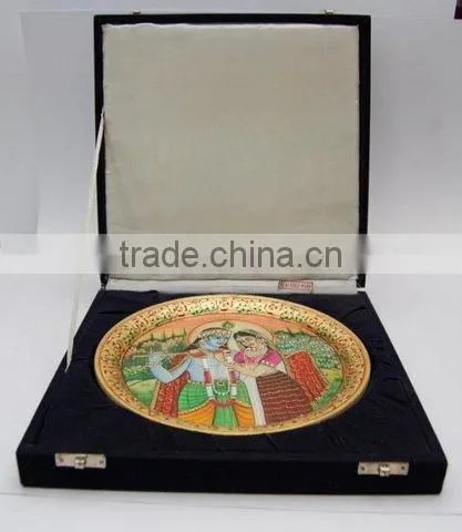 Indian Marble Thali Plate Handicraft Religious Gift Decor Miniature Painting Radha Krishna Rajasthan photo-2