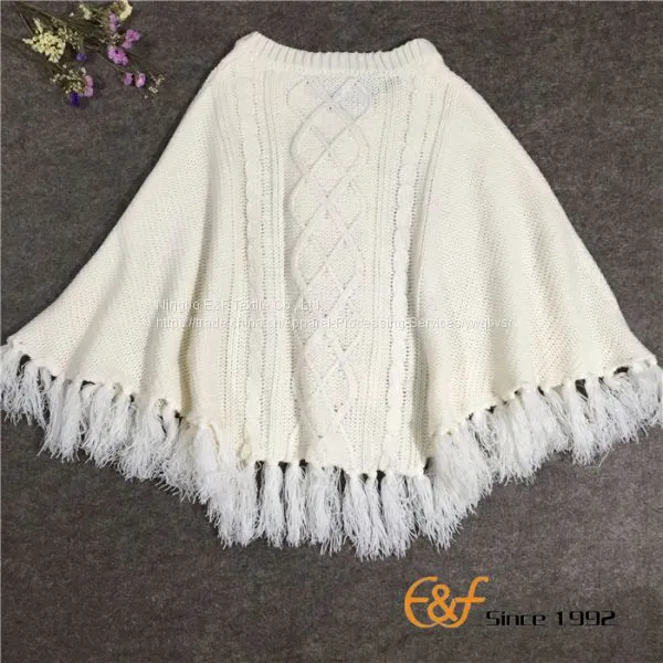 Ladies Crew Neck Tassels White Sweater Cape With Bowknot photo-2