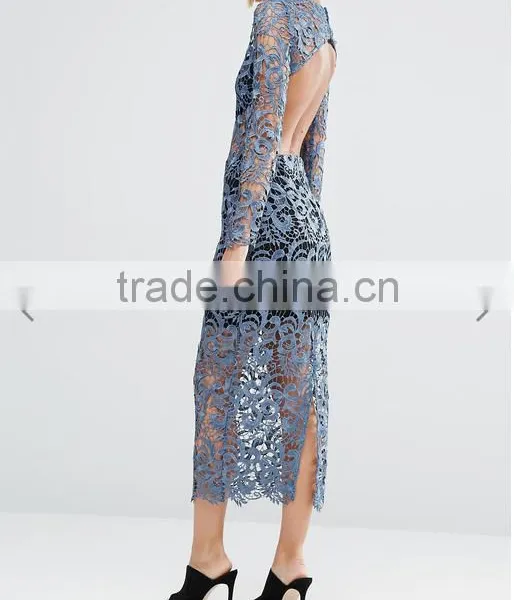 Good Quality Fashion Petrol Blue Bandeau Underlay Kick Split Lace Open Back Dress photo-4