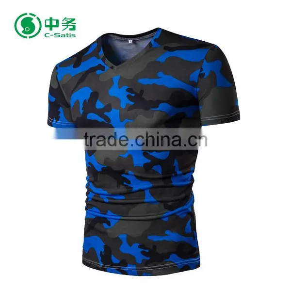 High Quality Summer Casual Clothes V-Neck Short Sleeve Camo Print T-Shirt for Men photo-3