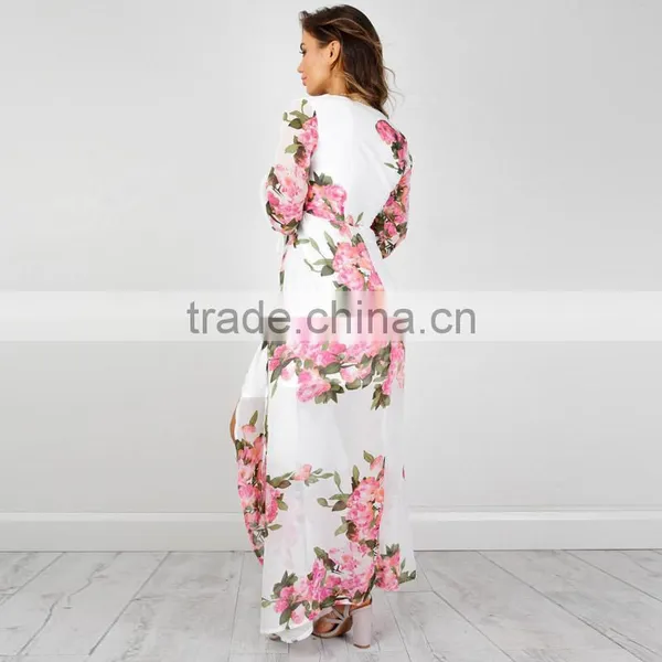 Blouson Long Sleeve Pink White Floral Printed Plus Size Wrap Maxi Long Dress photo-4