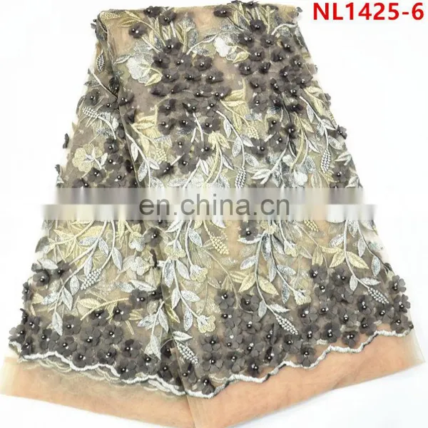 2017 Sky Blue African Lace Fabrics Tulle Beaded Lace , Leaf Design Sequins French Net Lace Fabric photo-6