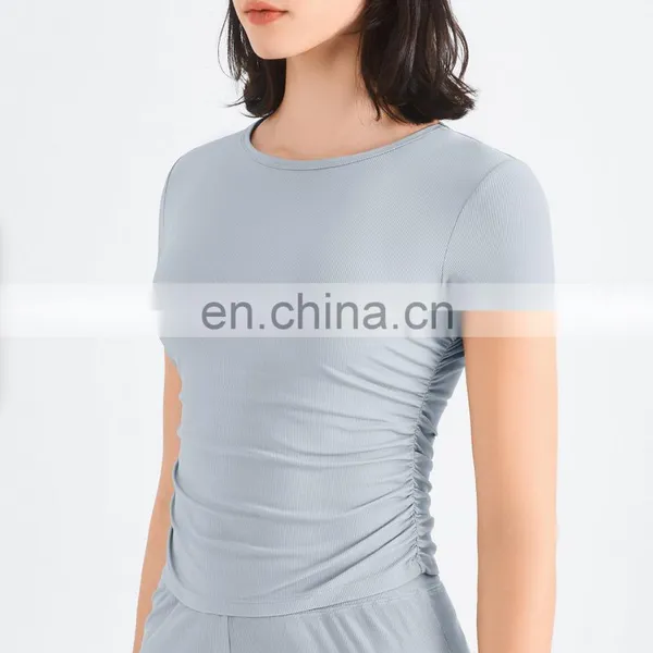 Ribbed Side Fold Short Sleeve T-shirts Women Fitness Gym Yoga Top Anti-UV Sunscreen Shirt Outdoor Running Training Wear Clothes photo-4