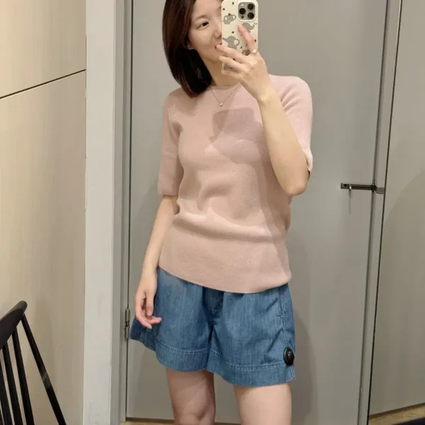 Standard Round-neck Knitted Cashmere T-shirt Pink 2025 Autumn New Product photo-3