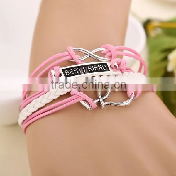High Quality Double Heart Pink and White Color Braided Leather Bracelet photo-3