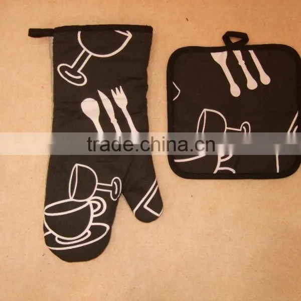Cotton Twill Material Set Coffee or Cook Chef Design Oven Mitten Pot Holder Kitchen Basics Set photo-4