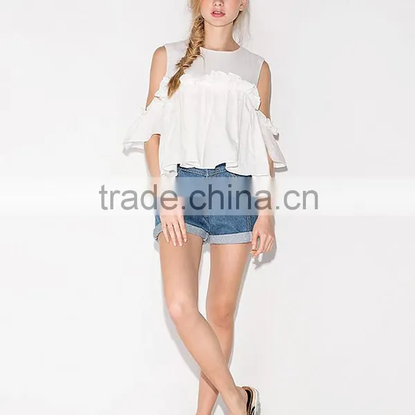 Women's Short Sleeve Solid Colour Round Neck Pleated Tops Blouse photo-4