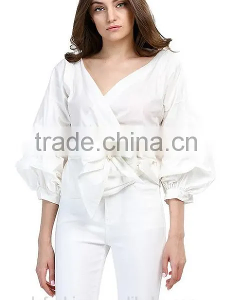 2017 New Fashion Solid Tie Belt Puff Sleeve Tops photo-2