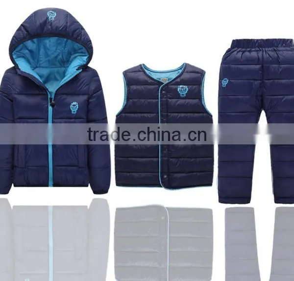 Custom Made New Design Casual Children Kids 3 Pcs Winter Clothing Sets(jacket+vest+pants) photo-3