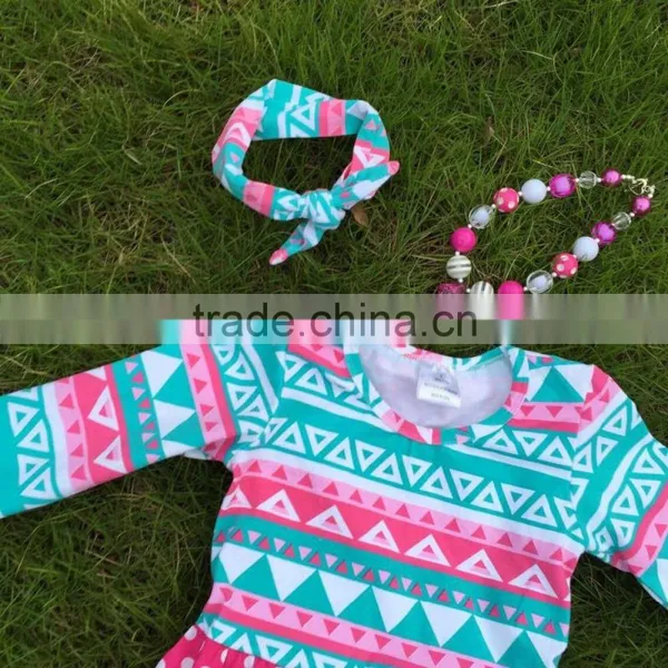 2015 New Girls High Low Dress Kids Aztec Blue Dress Hot Pink White Polka Dot Dress With Necklace and Headband photo-3