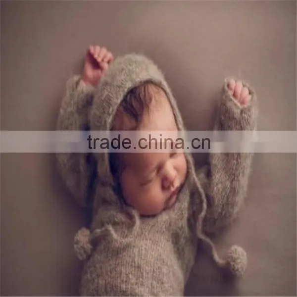 Newborn Knit Romper and Bonnet Sets Crochet Mohair Long Sleeve Hooded Romper Baby Girl Overall Newborn Onesie Photography Props photo-4