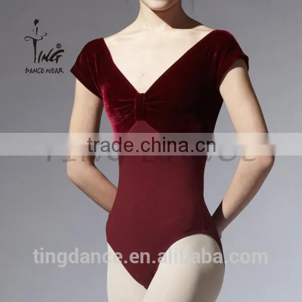 2015 Wholesale V-neck Ruffled Front High Back Velvet Sleeves Dance Leotard