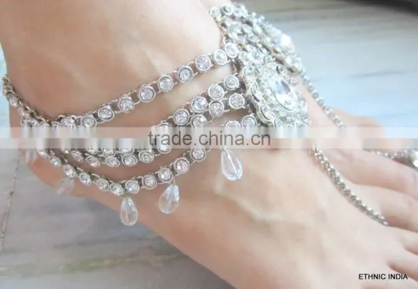 PAYAL Anklets Pair CRYSTAL SILVER TONE WITH TOE RING , BAREFOOT SANDAL photo-3