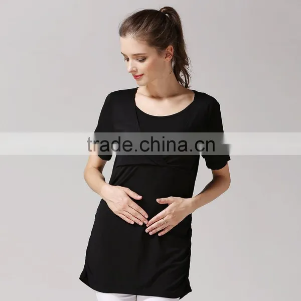 Thin Short Sleeve Maternity Clothes Solid Breastfeeding Clothes Loose Hem Nursing T-shirts photo-4