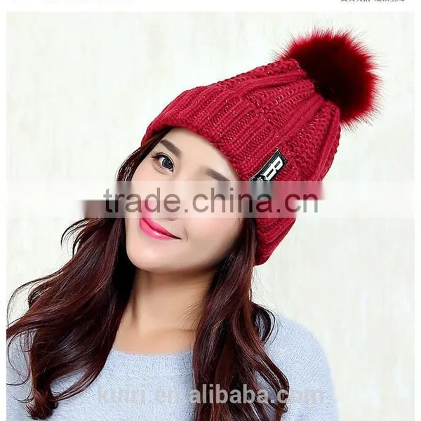 Logo Design Accept Woman Winter Warm Plush Thicken Winter Beanie Knit Hat With Fur Poms photo-3