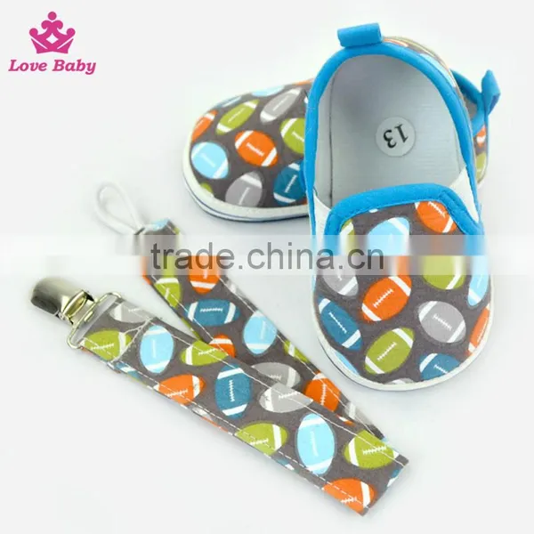 Stylish Rugby Pattern Newborn Blue Color Crib Shoes Baby Shoes Matching Pacifier Clip photo-4