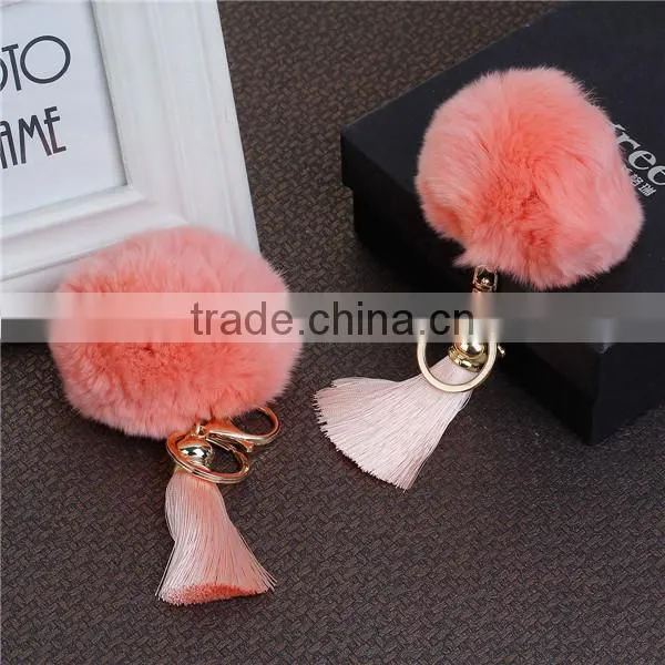 Gold Plated Korea Pink Angora Pom Pom Ball Peachy Beige Rayon Tassel Key Chain photo-3