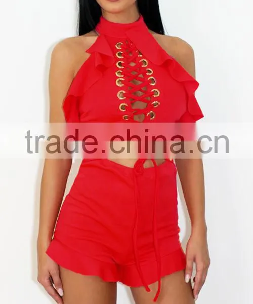 B33751A New Autumn Fashion Wholesale Lace up Bandage Shorts Jumpsuit photo-4
