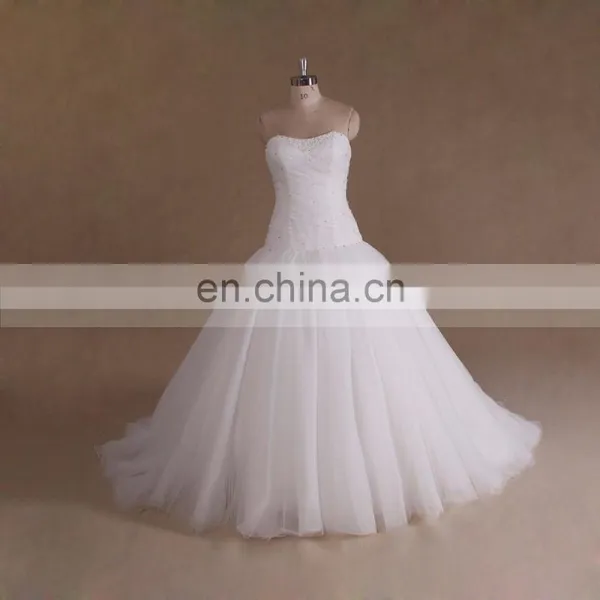 Gorgeous Beaded Pleated Tulle Cheap Muslim White Wedding Dress