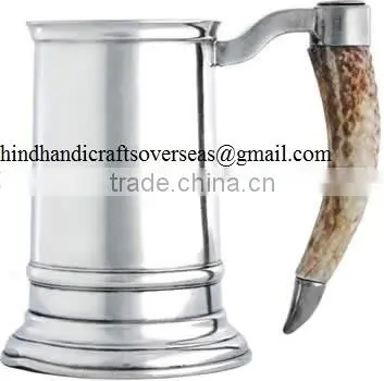 Horn Handle Solid Brass Drinking Mug With Silver Finish, Copper Moscow Mule Mug With Horn Handle