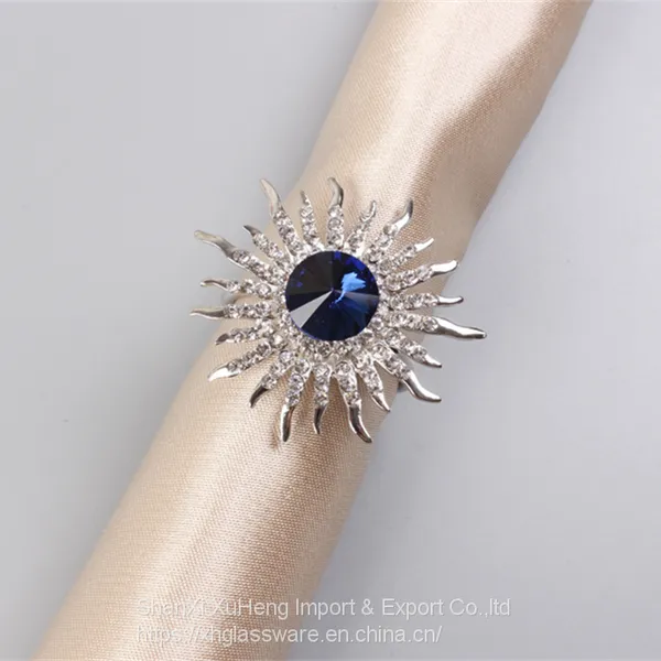 Sparkling Blue Artificial Crystal Diamond Sun Flower Rhinestones Napkin Rings Holders photo-3