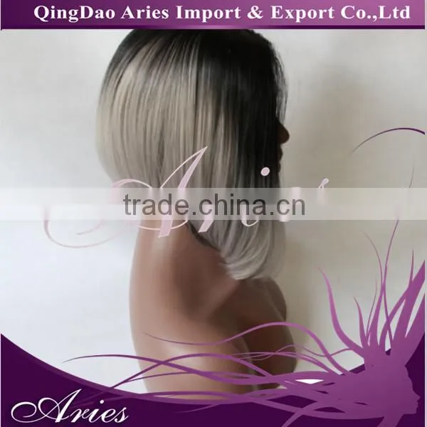 SHORT BOB STRAIGHT LACE FRONT WIG SYNTHETIC HAIR BLACK AND GRAY COLOR photo-4