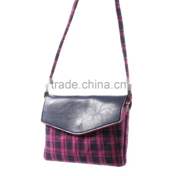 Check Pattern Lint and Leather Hybrid Bag for Smart Phones With Strap Size: 19 x 12cm(L x W) photo-3