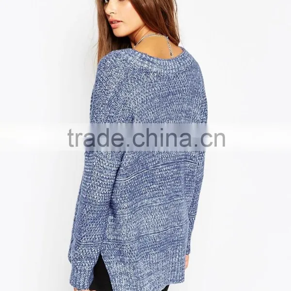Ladies Blue Knit Sweater Knitting Pattern Free V Neck Chunky Tunic Thin Sweater photo-3
