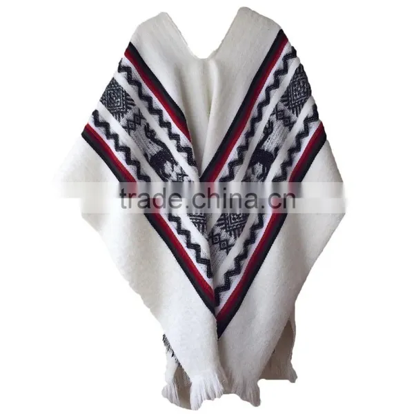 3/4 Sleeve Super Soft Warm Geometric Pattern 100% Llama Wool Poncho photo-3