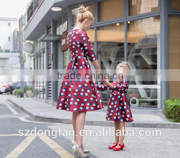 Match Mom And Daughter Custom Made Adult And Child Long Sleeve Printed Fall Dress photo-4