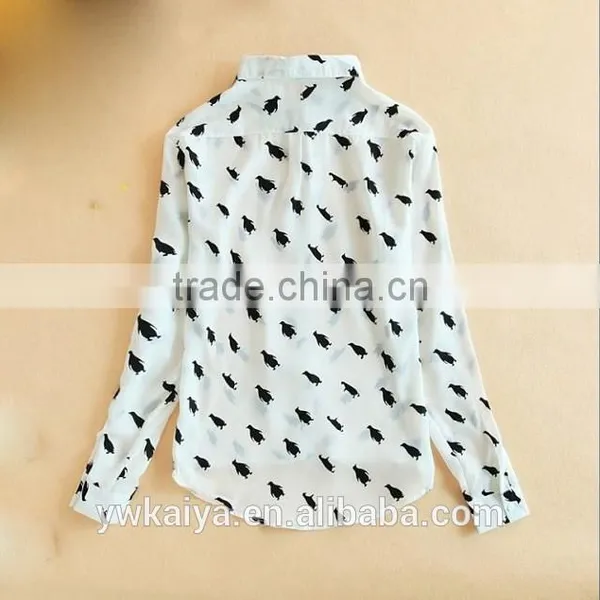 2014 New Design Chiffon Penguin Pattern Long Sleeve Summer Casual Women Blouse photo-2