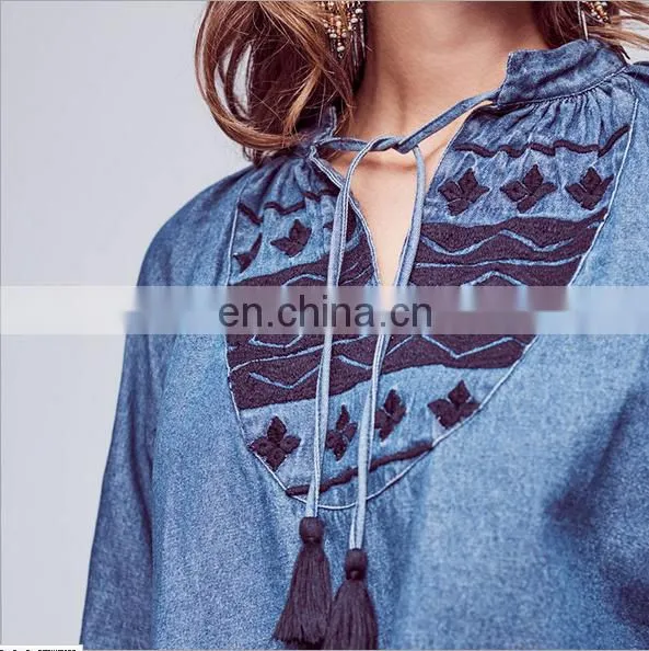 J0831 New Arrival Fashion Vintage Ethnic Embroidery Womens' Denim Shirt photo-2