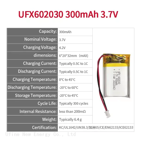 Rechargeable 3.7V 300mAh UFX 602030 Lipo Battery With PCM And Connector Made In China For Cleansing Instrument Battery photo-2