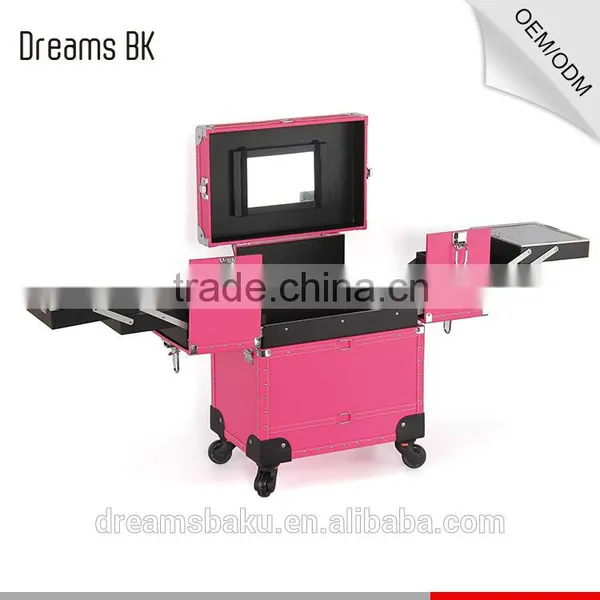 2016 Hot Selling Pink Color Functional Professional Trolley Case Makeup Box Cosmetic Display Case photo-5