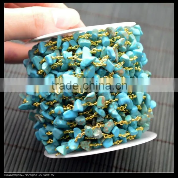 LFD-002C ~ Wholesale Gold Plated Wire Wrapped Freeform Howlite Turquoise Chips Chain Stone Beaded Jewelry Finding photo-3