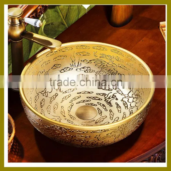 2016 Bathroom Pure Gold Design Ceramic Round Table Top Wash Basin for Luxury Decor Supplier's Choice