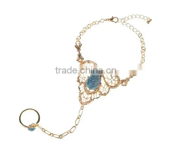 Womens Gold Slave Chain Finger Ring Bangle Hand Harness Bracelet Turquoise Beads photo-4