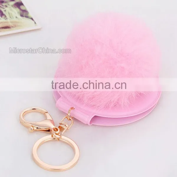 Promotional Gift 8cm Real Rabbit Fur Pocket Makeup Mirror Keychain photo-2