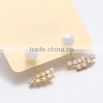 Hot New Product For 2015 Sterling Silver CZ Pearl Ear Jackets, 925 Silver CZ Pearl Double Line Back Stud Earring