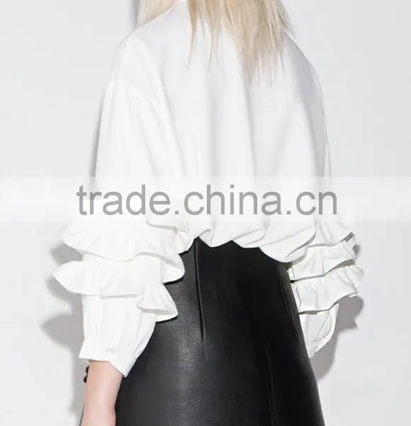 Women's White Stand Collar Roll-up Sleeve Long Blouse photo-4