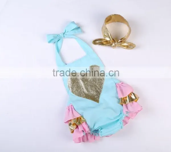 2016 Hot Selling Ruffle Rompers Set Baby Sparkle Heart Bubble Romper With Headhand Boutique Kids Summer Clothes Jumpsuit photo-2