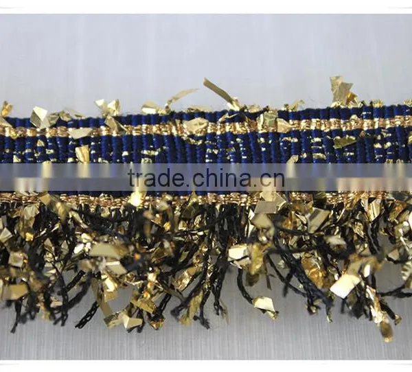 China Fancy Novelty Metallic Blue Tape With Gold Lurex Tassel Fringe Trim photo-3