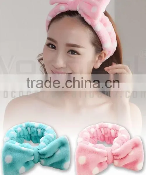 2 Pcs Flannel Women Elastic Bowknot Towel Headband Hairlace for Face Washing Makeup Cosmetic Shower Pink and Blue photo-6