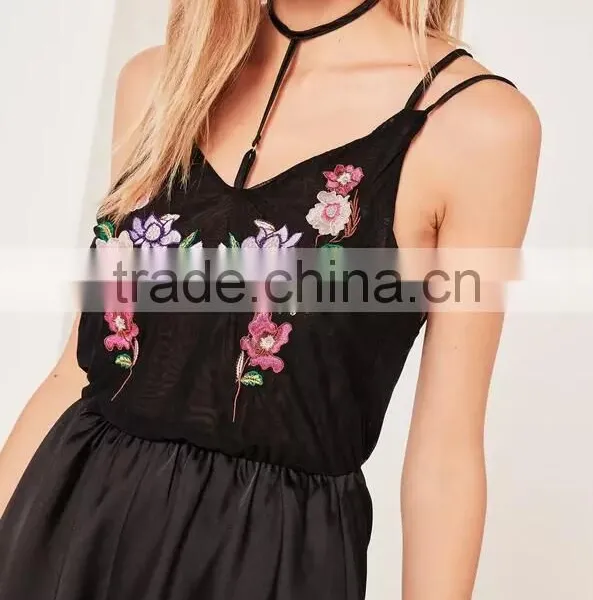 2017 Sexy Black Satin Pyjama Set Embroidered Custom Logo Harness Sweet Floral Teddy With Elasticated Waist photo-3