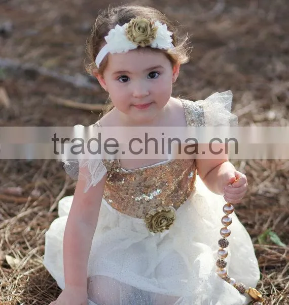 Ivory Gold Sequined Glitter Tulle Lace Fabric Baby Dress Pictures Girls Tutu Dress photo-2
